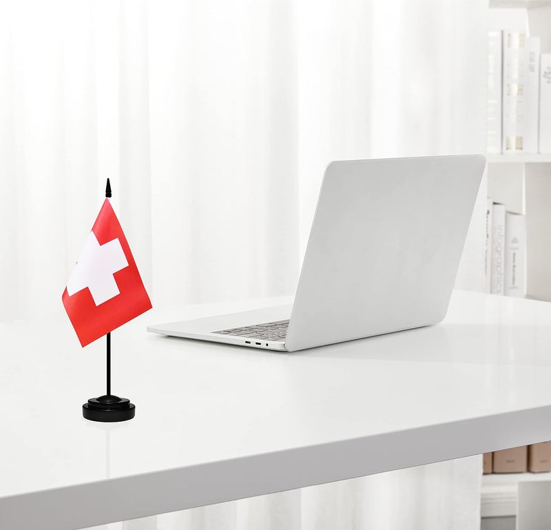 BCLin Switzerland Desk Flag Set, 2 Pack Swiss Table Office Flags, Small Mini Desktop Flag With 12" Solid Black Pole, Black Base, Miniature Desktop Flag - Image 5